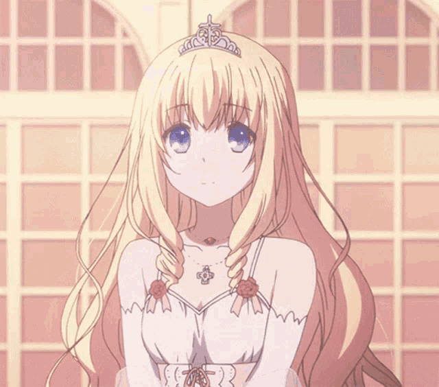 a blonde anime girl wearing a tiara and a white dress