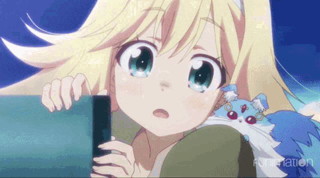 a girl with blonde hair and green eyes is holding a blue cat on her shoulder and the word funimation is on the bottom right