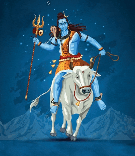 a cartoon of a deity riding a cow