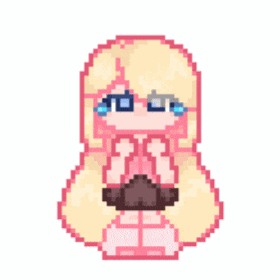 a pixel art of a girl with blonde hair and glasses holding a purse .