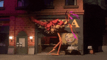 a monster is standing in front of a pizza shop