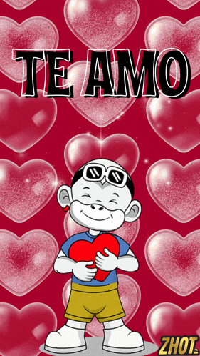 a cartoon of a boy holding a heart with the words te amo written on it