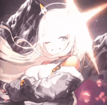 a girl with long white hair is standing in front of a mountain with a light coming out of her head .