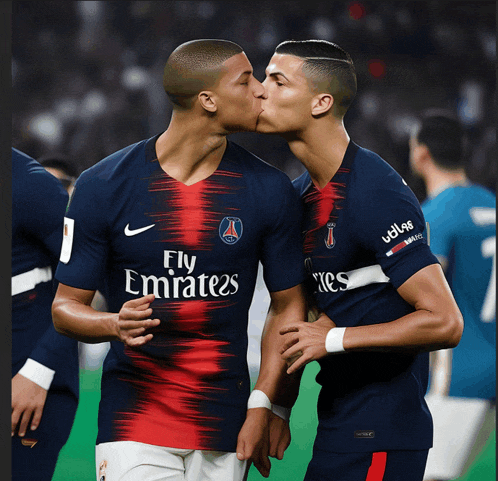 two soccer players wearing fly emirates uniforms kissing