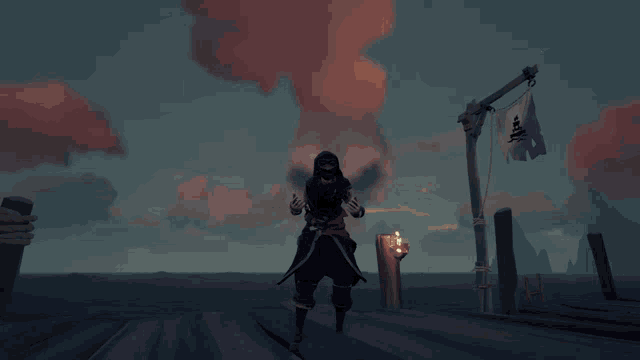 a pirate is standing on a dock with a flag that says skull and crossbones on it