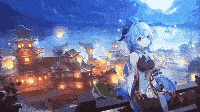 a pixel art of a girl with blue hair standing in front of a city