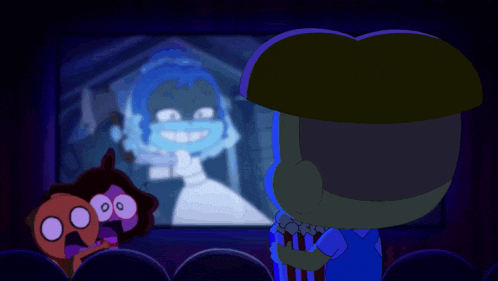 a cartoon of a boy eating popcorn in front of a screen