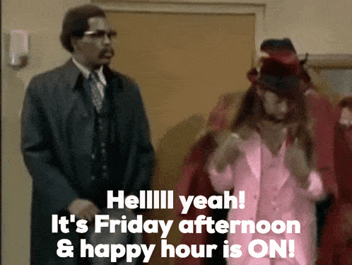 a man in a suit stands next to a woman in a red dress and says " hell yeah it 's friday afternoon