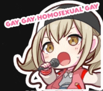 a cartoon girl singing into a microphone with the words gay gay homosexual gay written above her