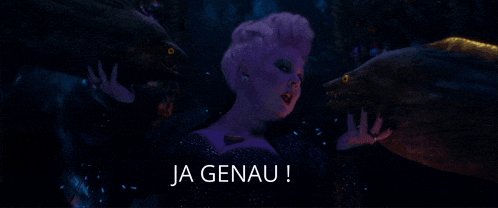 a woman with purple hair is surrounded by fish and the words " ja genau " are below her