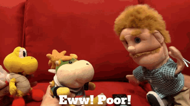 a group of stuffed animals are sitting on a red couch with the caption " eww poor "