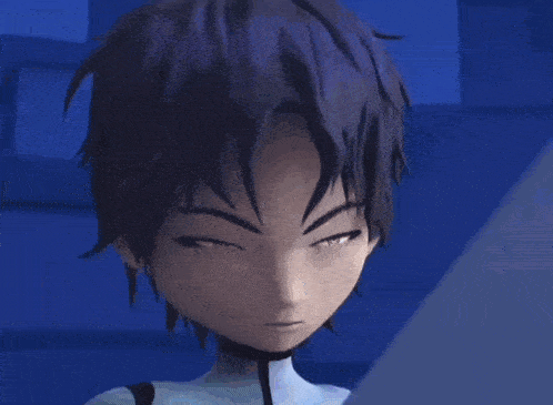 a cartoon character is standing in a dark room with a light coming out of the ceiling