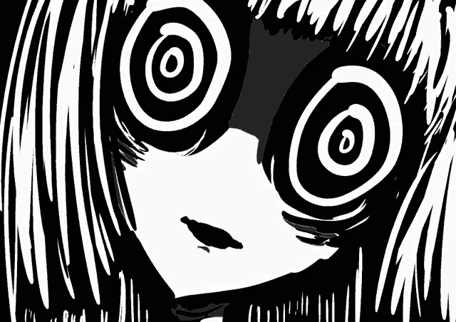 a black and white drawing of a girl 's face with a swirl in her eyes