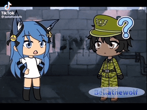 a girl with blue hair stands next to a boy in military uniform