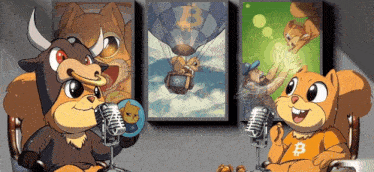 a bull and a squirrel are sitting in front of microphones with a picture of a hot air balloon in the background