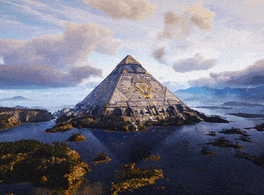 a futuristic pyramid is surrounded by a body of water