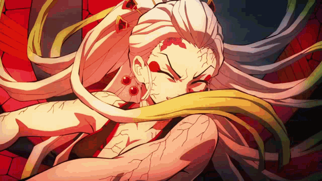 a close up of a cartoon character with long white hair