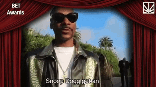 snoop dogg is wearing sunglasses and a leather jacket and says snoop dogg got an