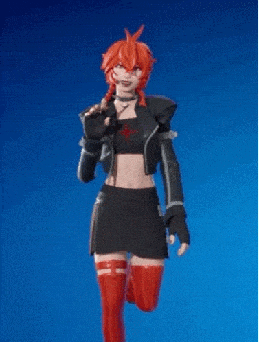 a girl with red hair is wearing a black skirt and red thigh high stockings .