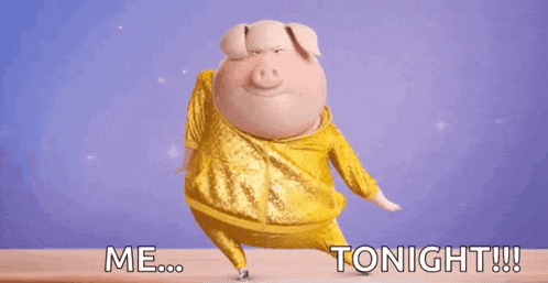 a cartoon pig is dancing with the words me tonight written below him