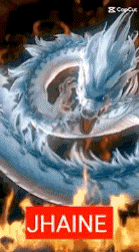 a blue dragon is surrounded by flames and a red sign that says jchaine .