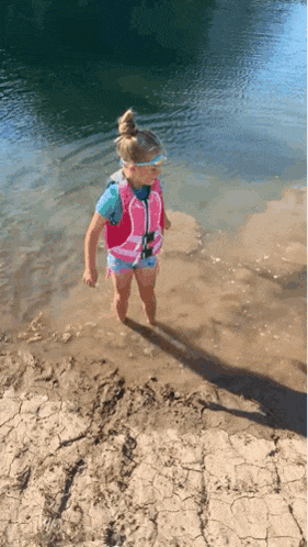 a little girl wearing a life jacket is standing in the water near a lake .