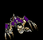 a blurred image of a robot with purple and gold arms and legs on a black background .