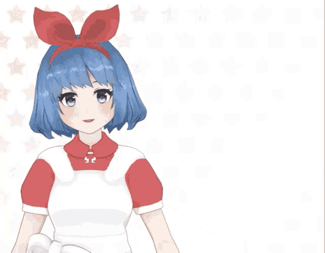 a girl with blue hair wearing a red and white outfit