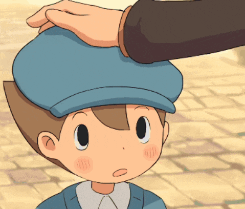 a cartoon boy wearing a blue hat is being touched by someone 's hand