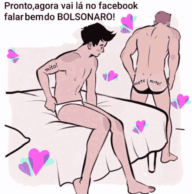 a cartoon of two men sitting on a bed with the words pronto agora vai la no facebook falar bemdo bolsonaro