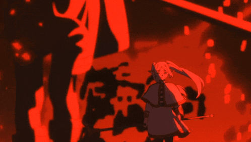 a red background with a silhouette of a person with a sword