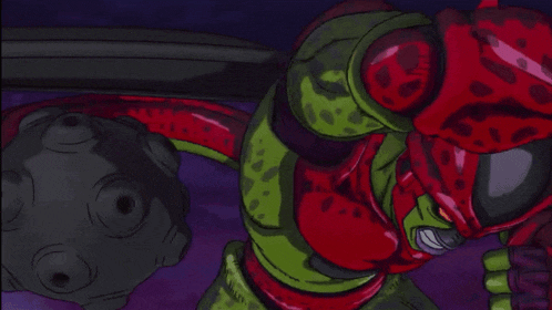 a cartoon of a monster with red and green arms and horns
