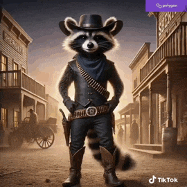 a raccoon dressed as a cowboy stands in front of the sheriff 's office