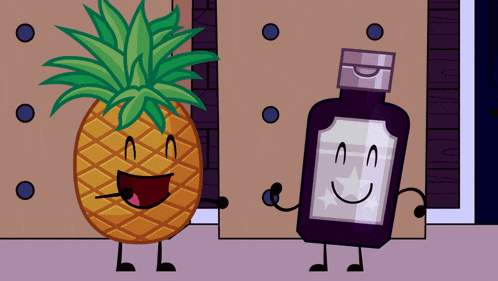 a cartoon of a pineapple and a bottle with faces