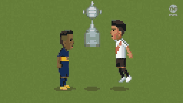a pixel art of two soccer players standing next to a trophy that says tnt sports
