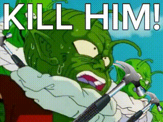 a cartoon of a green monster holding hammers with the words kill him written above him