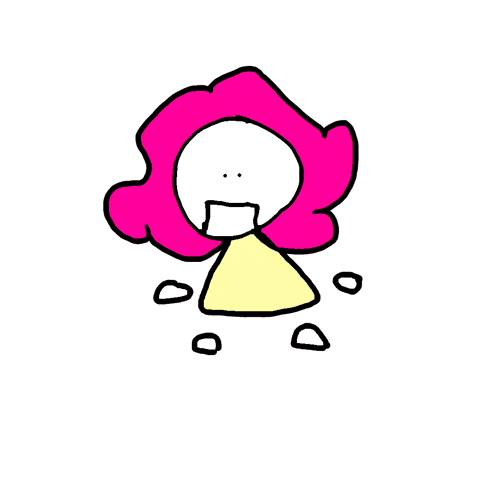 a cartoon drawing of a person with pink hair and a yellow shirt