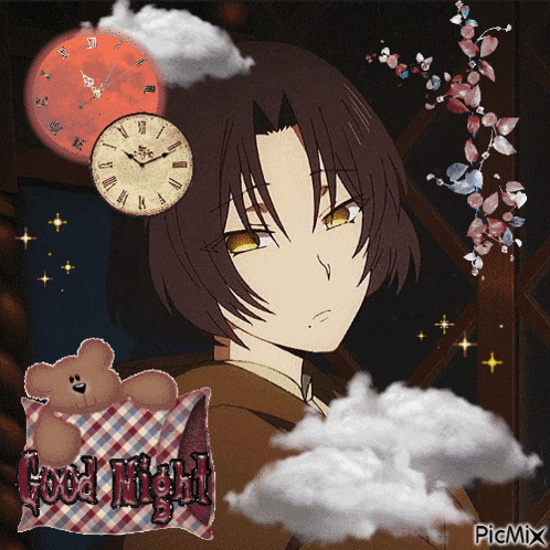 a picture of a boy with a clock and the words good night on it