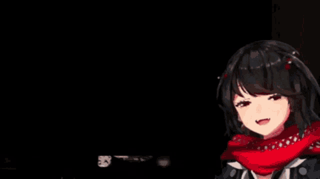 a girl with black hair and a red scarf is smiling .