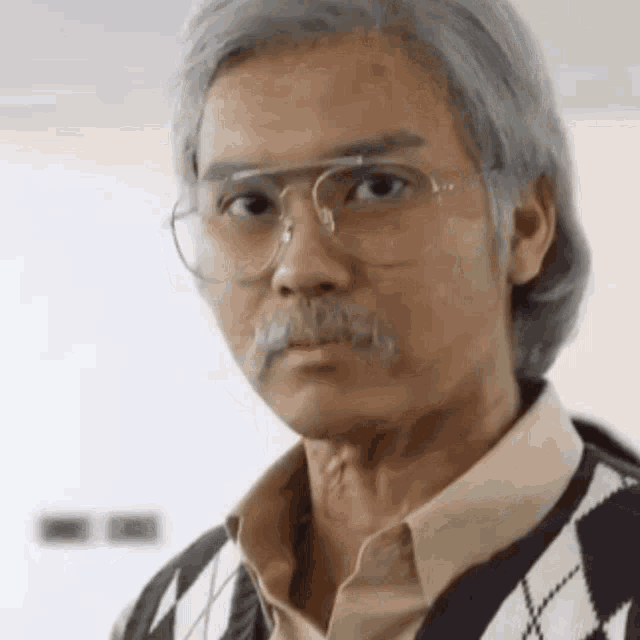 a man with glasses and a mustache is wearing a sweater and a vest .