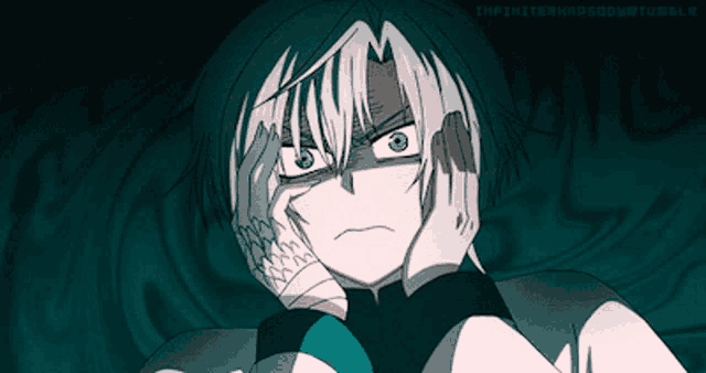 a drawing of a boy with a very angry look on his face and the words infinitehappiness on the bottom right