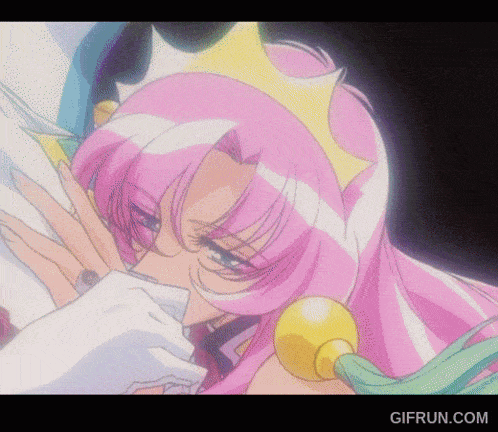a woman with pink hair is being kissed by a man with white gloves