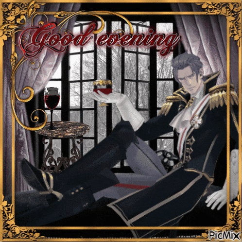 a picture of a man holding a glass of wine with the words " good evening " above him