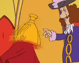 a cartoon character is pointing at a bag of gold