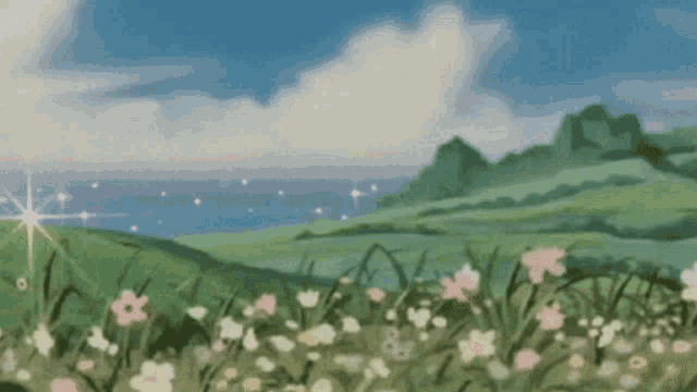 a painting of a field with flowers and a blue sky