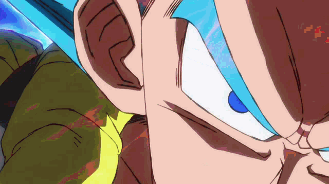 a close up of a person 's face with blue hair