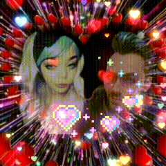 a man and a woman are surrounded by hearts