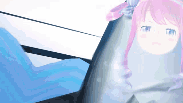 a girl with pink hair and blue eyes is standing next to a shark