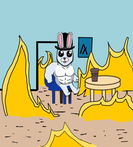 a cartoon of a bunny wearing a top hat holding a coffee cup