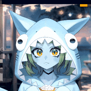 a girl in a shark costume holds a bowl of food